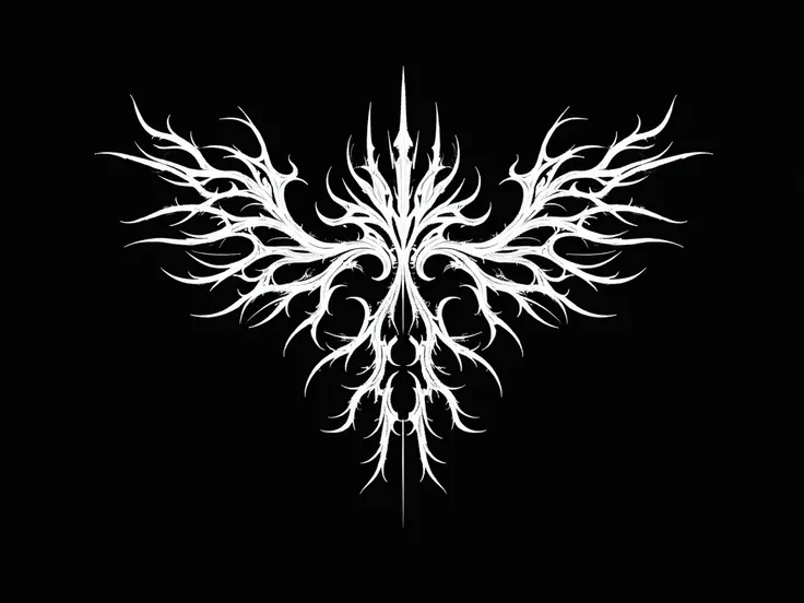 A massive, highly detailed tribal sigil logo, designed in an extreme cyber-sigilism aesthetic. The structure should be symmetrical and aggressive, with razor-sharp spikes and elongated, interwoven tendrils that form an arcane, futuristic, and biomechanical...