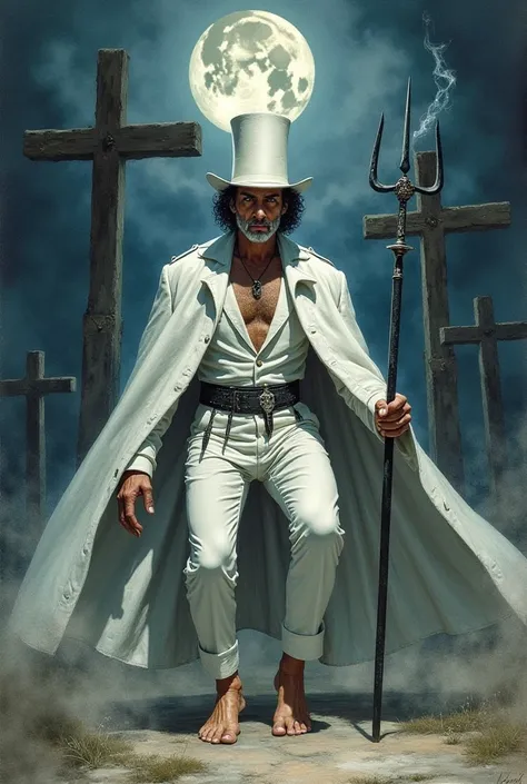  Realistic watercolor style image of a male spiritual entity , What a mature Spanish man looks like, Endomorph body a white top hat short black curly hair wearing an ancient Dracula cape big black all-white, Long crawling on the floor and gold and wearing ...