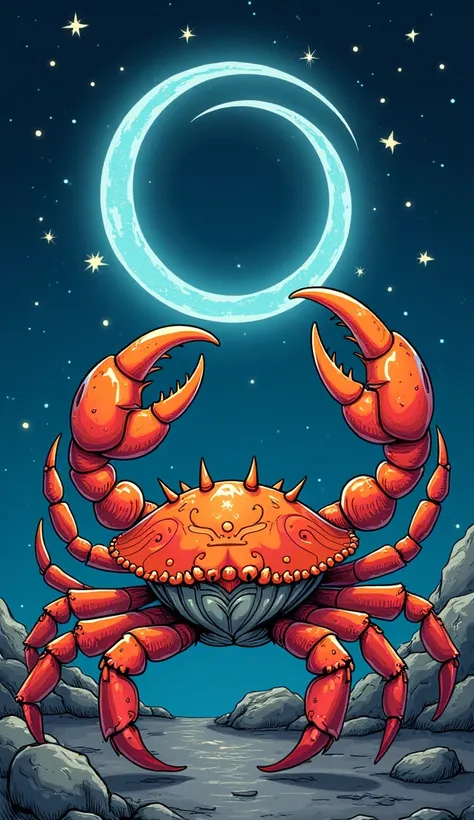 Artistic representation of the Cancer zodiac sign:  with a crab, with the astrological symbol glowing in the starry sky in the background. light colors. comic book style