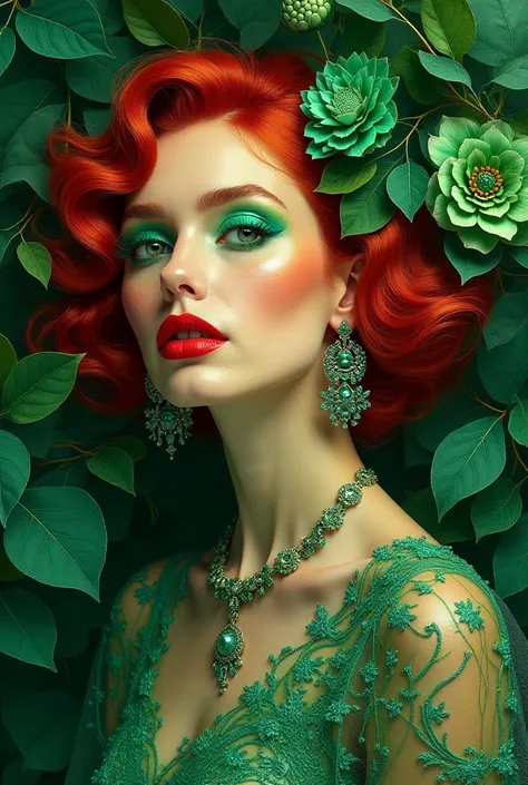 Crafted with the linear precision of Geometric Abstraction, the image presents a striking composition. A woman with red and green hair, adorned with emerald makeup and jewelry, poses amidst floral textiles. Hyperrealism and Fauvism introduce a captivating ...