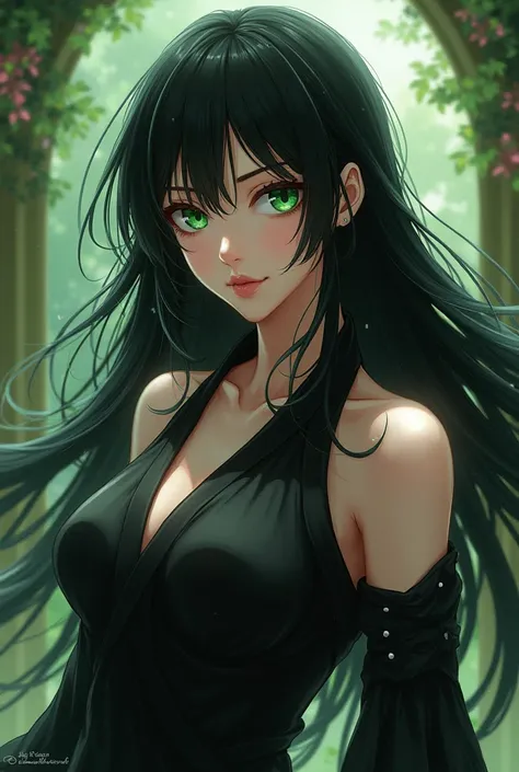 Female with long black hair and green eyes as a bleach anime character 