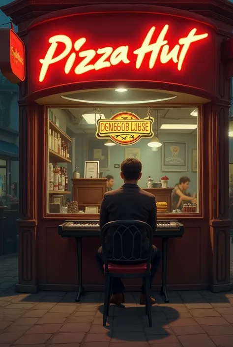 arafed man sitting on a chair in front of a pizza hut, a picture by Abidin Dino, instagram, realism, random artist, khyzyl saleem, mohamed chahin, pianist, ramil sunga, piano in the background, smooth in _ the background, album photo, mohamed chahin style,...