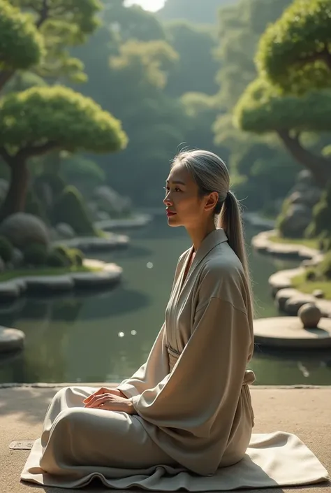 Femme asiatique de 55 ans, silhouette mince, peau lisse, cheveux longs gris attachés en queue-de-cheval, portant une tenue zen et méditant dans un jardin japonais.
