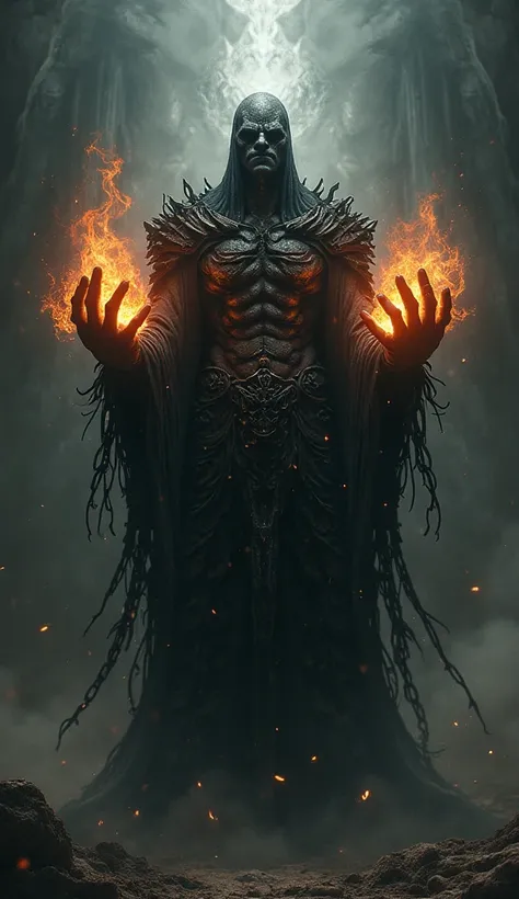 A photorealistic and mystical depiction of Kongoshuma (Grim Reaper), a mythical and menacing figure symbolizing corrupted strength and spiritual distortion. The image portrays a dark, humanoid figure with an imposing and sinister presence, its hands enlarg...