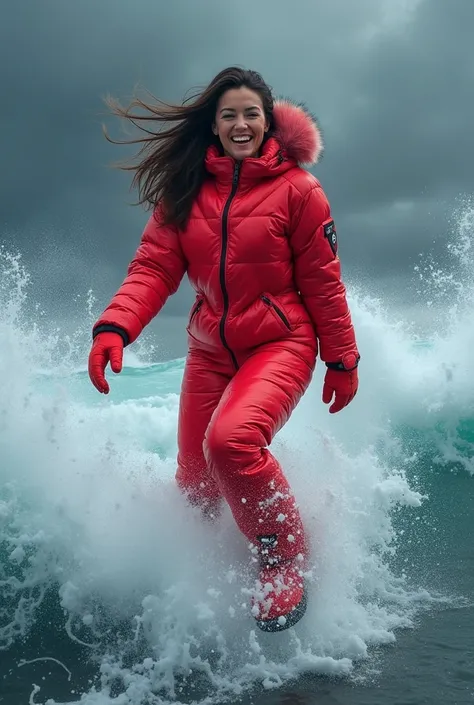 Beautiful brunette laughing woman wearing very puffy padded shiny neonred one piece down suit and puffy padded gloves and puffy padded snowboots, jump in tidal waves during heavy storm