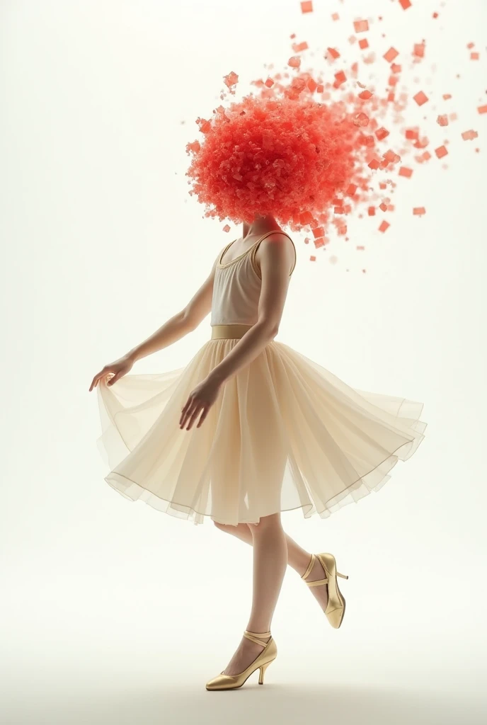 A girl in a delicate cream-colored ballet dress was dancing beautifully.The girl was surrounded by a white background and red glass shards flying around.The girl's head consisted of a gigantic system not_face