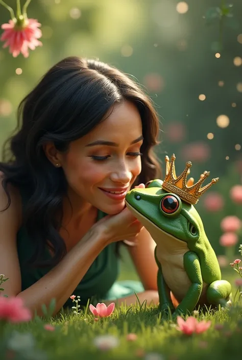 Meghan Markle giving a frog wearing a crown a kiss 