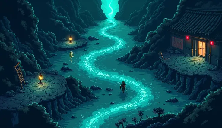 Dark fantasy metroidvania in-game map, 2D overworld perspective, interconnected Japanese underwater palace (Ryūgū-jō), hand-drawn pixel art (24-bit), explored zones in muted teal with bioluminescent algae trails, locked paths glowing neon-purple (requires ...