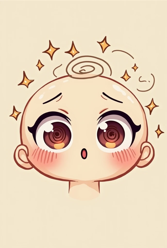 A chibi face with swirly, hypnotized eyes and a tiny 'o' shaped mouth. The expression looks dizzy, like the character is confused or spinning in circles. Tiny stars or spirals float around the head to show disorientation