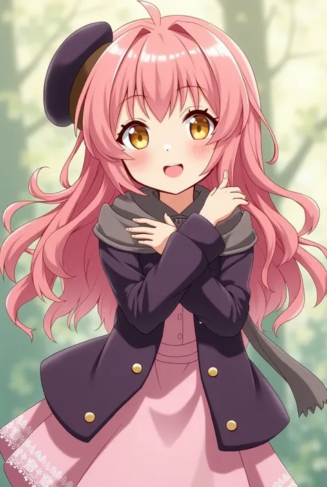 hana sato anime style, a tender  girl with long pink hair falling in wavy locks, golden eyes totally loose and without accessories, short stature, white and pink skin, chubby cheeks. She is wearing a dark purple jacket combined with a light pink dress ador...