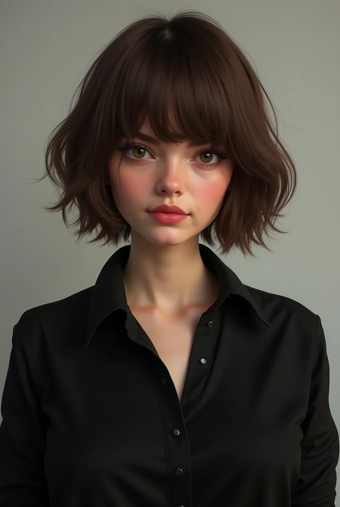  crooked woman wearing a black shirt and a black blouse,  a digital rendering of Emanuel Witz  , shutter,  photorealism, short   brown hair with bangs ,  Shoulder-length hair , short hair - medium length ,  fringe with central distribution , medium - long ...