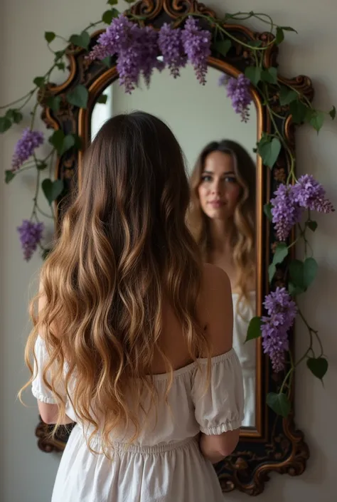  a beautiful woman with loose hair,  Very long , marvelous, With the waves. her hair is strong and regenerated, She looks at herself in a big mirror. On the mirror frame there are climbers and beautiful lilac and purple flowers