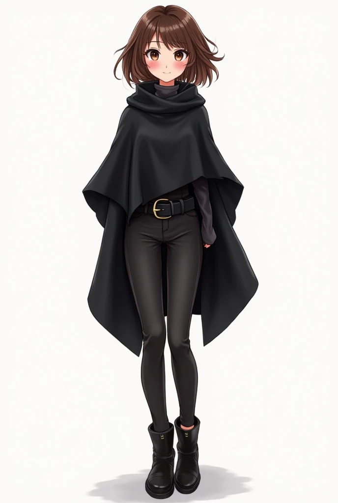  Draw a beautiful girl with short blunt wavy brown hair ,  with black eyesklü, with black eyes, 170 cm tall , with white skin, on a black and belted black poncho with black tight leg jeans and black leather boots under a black poncho,  with an animated loo...