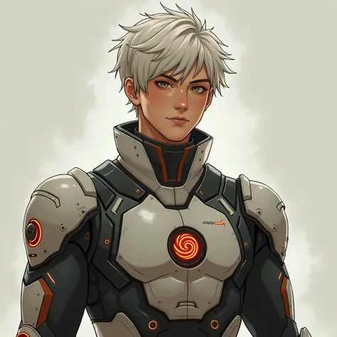 main character of the story who has neutral skin, whitish short hair, brown eyes and muscular build for a 20 year old who is lives in a society in the dystopian future under the control of an advanced Ai called The Spiral, wears a uniform with spiral shape...