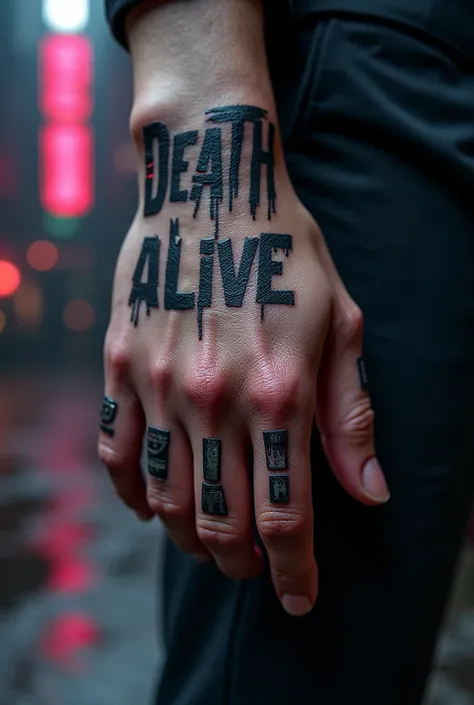 Create a tattoo on the fingers of your hand written death on the right and alive on the left cyberpunk style
