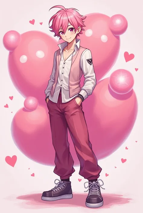 Handsome male anime character Dark pink eyes, light pink, dark pink hair, light pink, dark pink blouse, unbuttoned 2 zig-pack beads, dark pink pants, light pink, dark pink sneakers, cool clothes with magic power, dark pink, dark pink heart Soft Poo