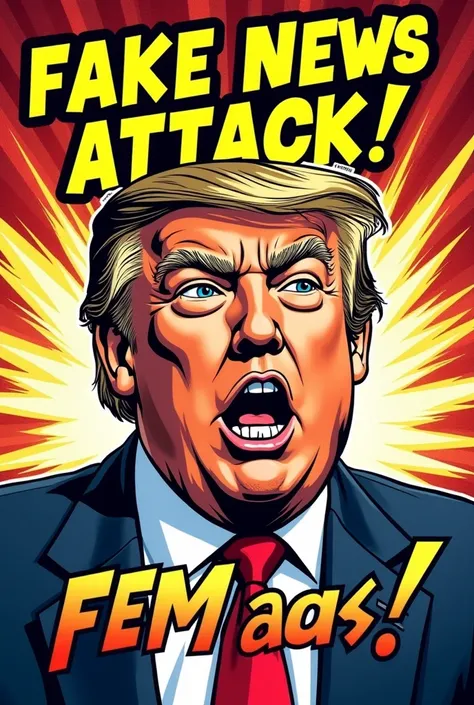 A comic book cover-style design featuring Donald Trump’s ER face with exaggerated cartoonish expressions. The text bubble says ‘FAKE NEWS ATTACK!’ in bold comic fonts. The background is filled with classic comic explosion effects