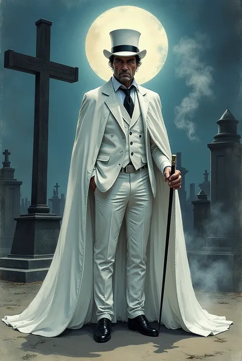   Realistic watercolor-style image of a male spiritual entity  ,40-year-old mature Spanish man and endomorphic body,  wearing a white top hat,  short curly hair and black,  wearing an ancient Dracula cape , Tuda Branca, Longa, crawling on the floor and wea...