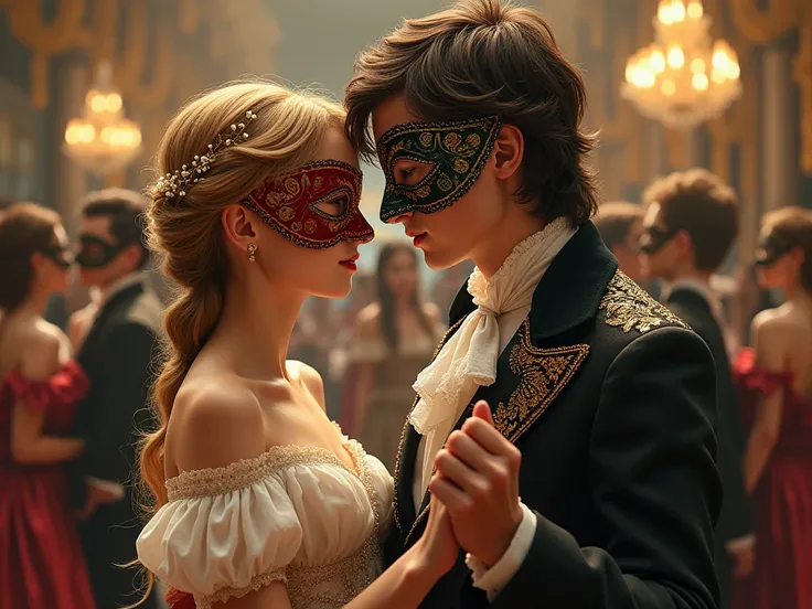 Juliet, a young girl of age 13, dances with a young guy Romeo  with a girl, they are from Shakespeare's plays.  All people have masks on their face.  The girl has blond hair, the guy has darker.  On their faces are carnival masks.  Draw a realistic style w...