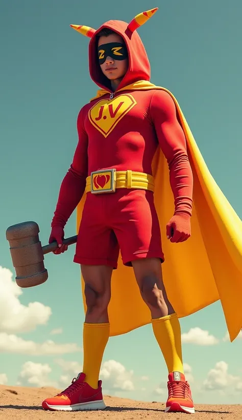 a super hero wearing his red uniform, with a small yellow cape in the middle of his back, wearing red shorts and sneakers with long yellow socks on his shin, on his shirt showing his hero symbol, a red heart with his initials inside the heart, (J.V,) weari...