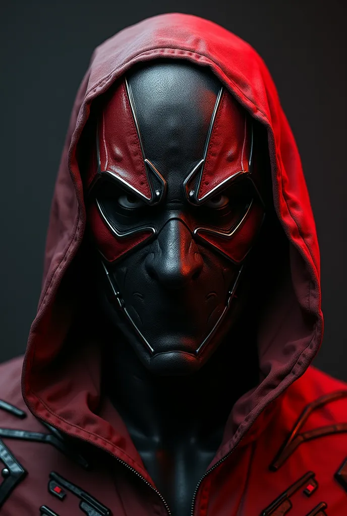 Generate one of the most realistic and attitude desgined face mask in black and red color