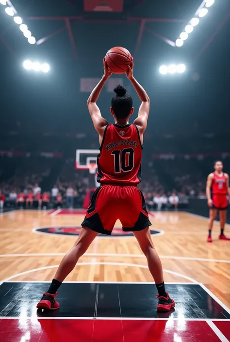 Minatozaoi plays basketball player on a very beautiful and chic court ,  her uniform being red and black with her name and her number written on the back and her throwing a ball 