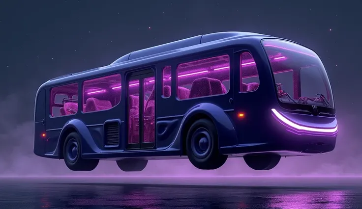 A midnight purple floating bus with smooth, flowing curves and an ultra-lightweight frame.