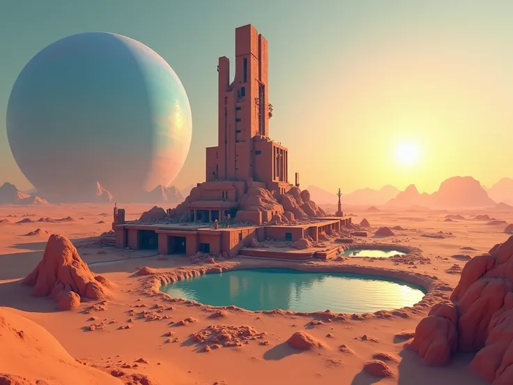 A blocky science fiction base located in a desert landscape with a blue gas giant in the background. In the middle of the outpost is a tower rising into the sky that is lit by the setting sun. The base is surrounded by an oasis.