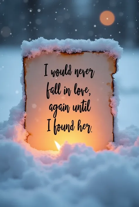 Snowy background with the inscription  su una lettera che brucia "I would never fall in love again until I found her". Write  "Snowy background with the inscription  "I would never fall in love again until I found her"  well on the letter .  Write these ex...