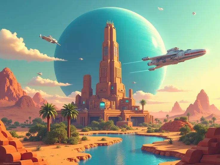 A blocky science fiction base located in a desert landscape with a blue gas giant in the background. A space ships fly Infront of the gas giant. In the middle of the outpost is a tower rising into the sky that is lit by the setting sun. The base is surroun...