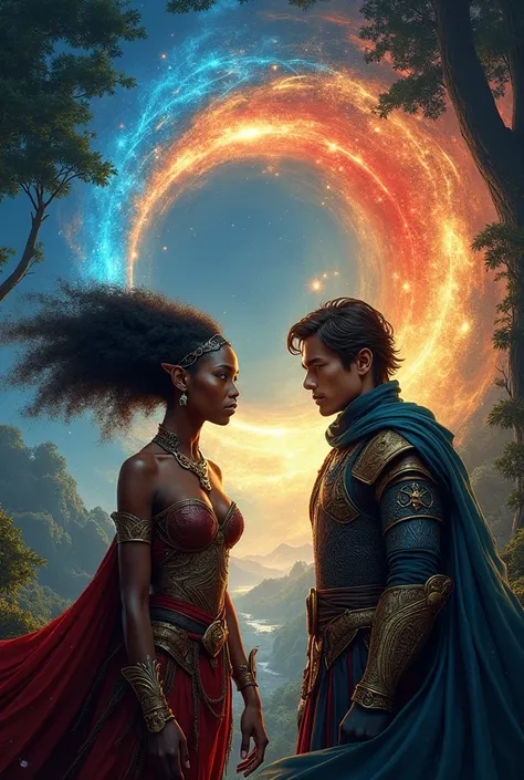 Prompt:

“Epic fantasy romance book cover for ‘Echoes of Destiny: The Bound Worlds.’ In the background, a majestic cosmic portal swirls with deep blues, fiery reds, and shimmering golden light, symbolizing two merging universes. In the foreground on the le...