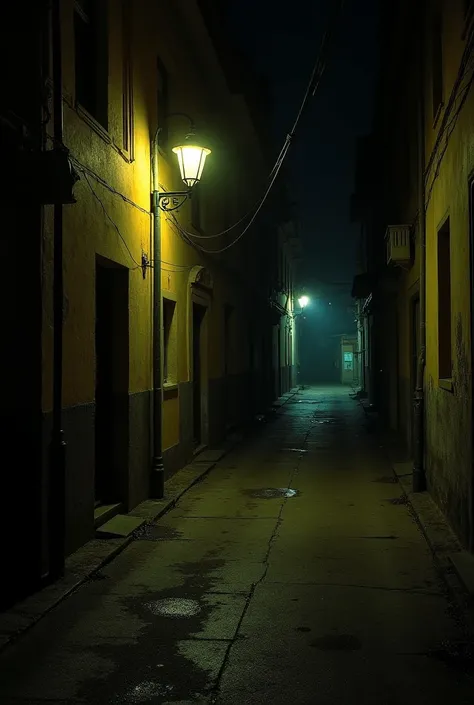  A narrow and poorly lit street at night ,  with a worn and cracked sidewalk .  In the middle of the sidewalk , There is a faint lamp post ,  blinking irregularly ,  casting unstable shadows on the ground .  The yellowed lamp oscillates between light and d...