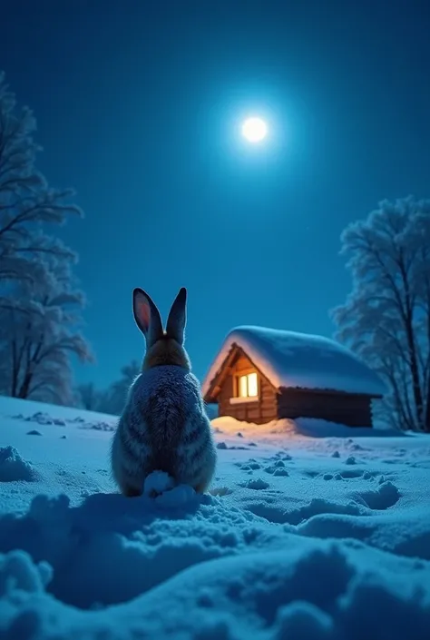 Snowy fields at night、Ultra Wide Angle、 blue moon 、Blue light、Orange light shines through a small window, snow-covered hut.、 Back view of a jumping snow rabbit 
