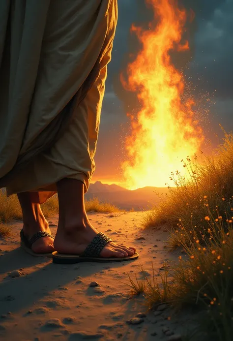  To create a biblical image inspired by the verse from Exodus 3 :5,  imagine the following scene :

 In the center of the image ,  we have Moses' bare feet ,  with a sandal being removed .  The feet are in a barren land , But around ,  the landscape is ric...