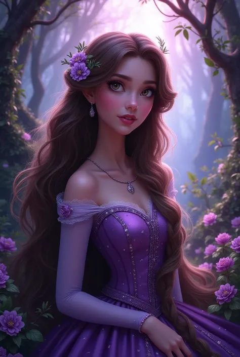  Generate an image of Rapunzel , But being a brunette ,  with long hair,  and with a darker purple aesthetic. disney pixar style 