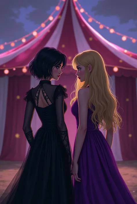 Make a fanart,   use the illustration style of characters from books , The aesthetic is Dark Fantasy .

 of two s in front of a circus tent ,  the tent is in shades of purple and gold .

 The first wears a black dress in purple tones ,  and her hair is bla...