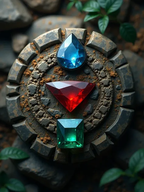 BRAND LOGO "ancient stones "  WITH CUT GEMSTONES ,  BLUE ROUND RED TRIANGULAR GREEN CUBE,  REALISTIC AZTEC STYLE 