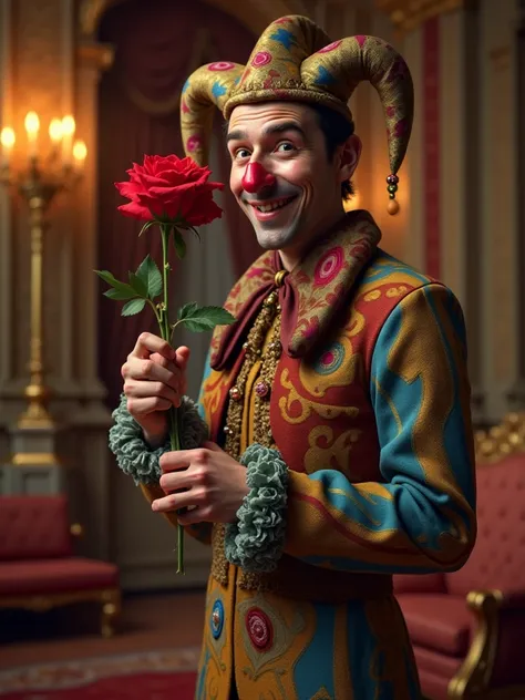 A buffoon man bowing ,  smiling,  delivering a beautiful, bright red rose,  looking forward to ,  It's in the living room of a glamorous castle, Realistic style hd .