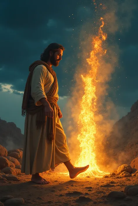  To create a biblical image inspired by the verse from Exodus 3 :5,  imagine the following scene :

[ In the center of the image ,  we have Moses' bare feet ,  with a sandal being removed .]  The feet are in a barren land , But around ,  the landscape is r...