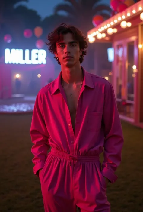 an attractive Man Jacob Elordi, 20 years old, Tall, athletic body, robust adult body, Perfect rectangular face brown eyes, short brown hair wet fringes, glow skin, small diamond earrings. 80s jumpsuit, dark pink color, loose and oversized clothing, America...