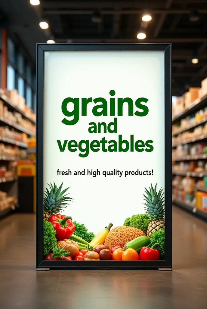  Create a horizontal supermarket sign measuring 4 .50 meters x 1 . 20 meters 

Let Peña say Grains and Vegetables 
And as a phrase, fresh and high quality products!