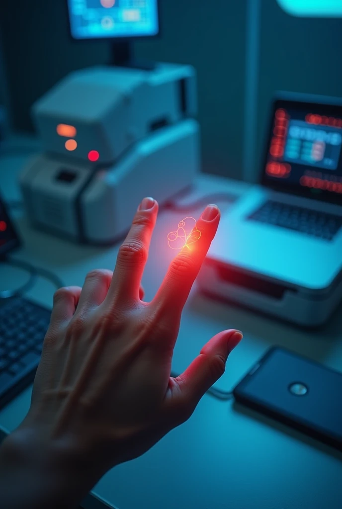 Infrared rays are focused on the tip of a finger and used to measure the level of glucose in the blood.