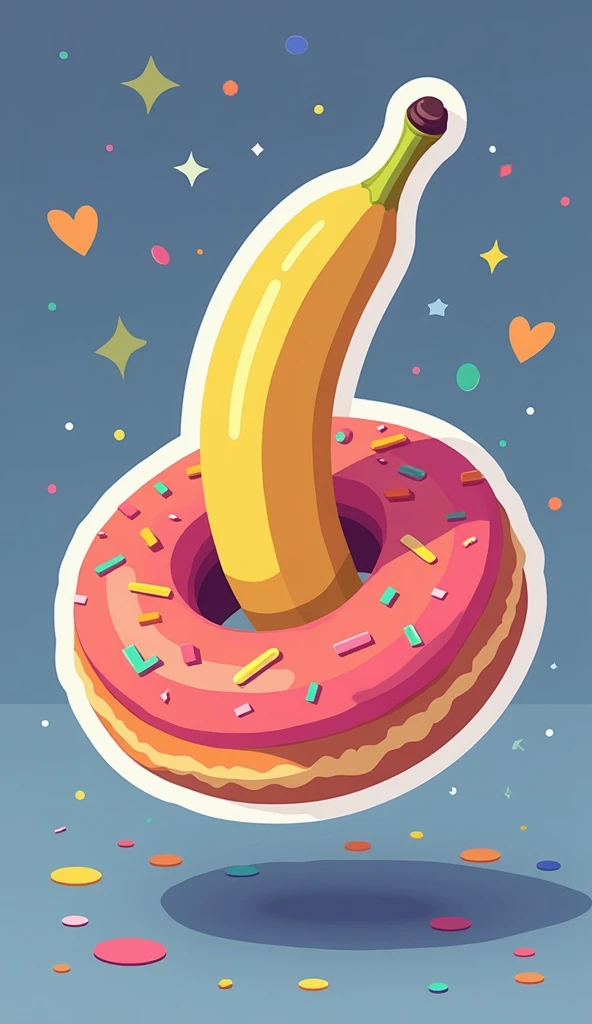 Make a graphic analogy about anal sex, using a banana with a peeled tip entering a donut, that you find yourself levitating in space from an attractive angle that generates interest.  Let the graphic style be Digital illustration in a flat and minimalist s...