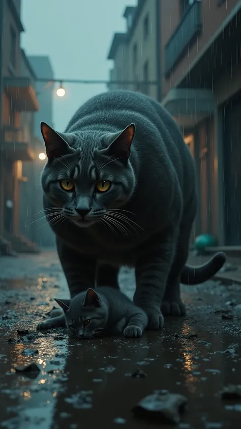 A muscular cat finds a gray kitten run over on a rainy night in a poor neighborhood