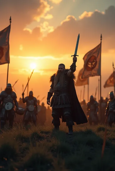 
"A cinematic scene of Vikings standing on a hill at sunrise, ready for battle. The Viking chief, a tall man with a thick beard, raises his sword high while behind him stand rows of armored warriors. War drums are beating loudly, and Viking banners flutter...