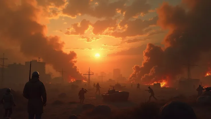  A photorealistic image of a fierce battle at dawn ,  where the dynamic battle scenes are filled with smoke against the backdrop of a deserted cityscape, with fire and movement ;  bright contrasting rays of dawn light make their way through the chaos .