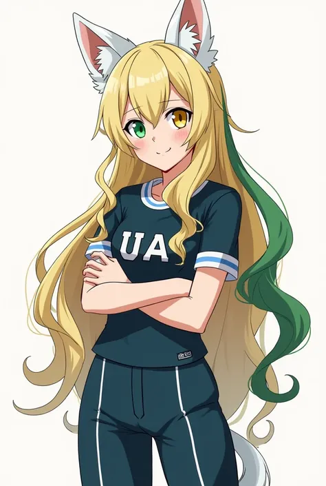 My hero Academia, a 16-year-old girl with long blonde and green hair with white wolf ears with big white wings, has one yellow eye and another green eye, her arms crossed with her chest and back, with the UA uniform consisting of dark blue pants with verti...