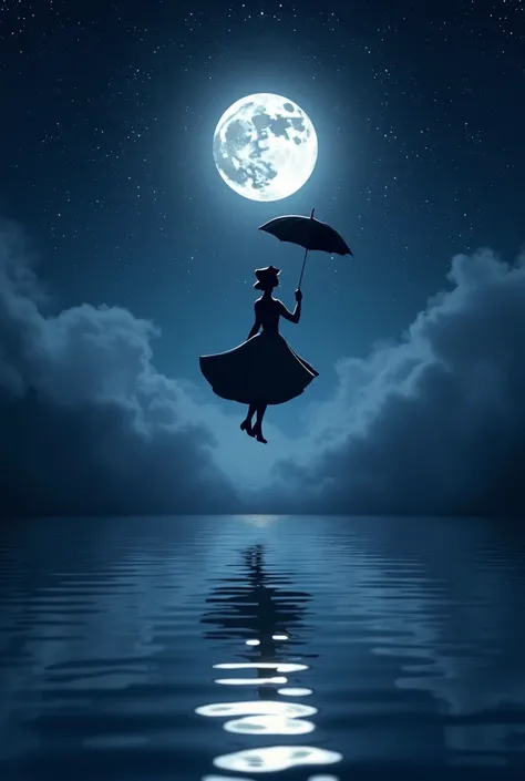  Black background with a starry sky and a reflected moon. Ascend Mery Poppins ,  Disney character 