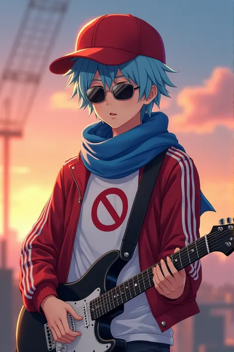  Adult anime boy with light blue hair and wearing a red cap,  with a prohibition symbol on his white shirt ,  wearing a red jacket with white stripes , con una bufanda 🧣 azul,  and sunglasses watching the sunset ,  playing guitar 