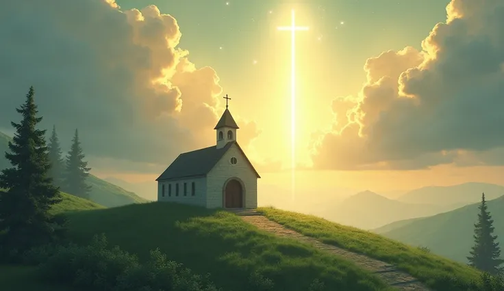 A peaceful chapel on a hill, illuminated by beams of heavenly light, with a soft, glowing cross above it.